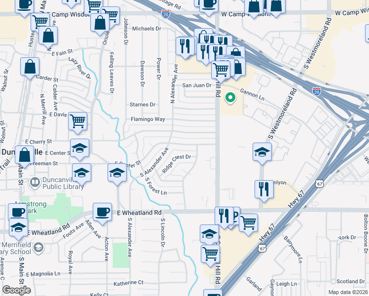 map of restaurants, bars, coffee shops, grocery stores, and more near 728 East Center Street in Duncanville