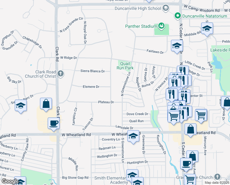 map of restaurants, bars, coffee shops, grocery stores, and more near 135 North Greenstone Lane in Duncanville