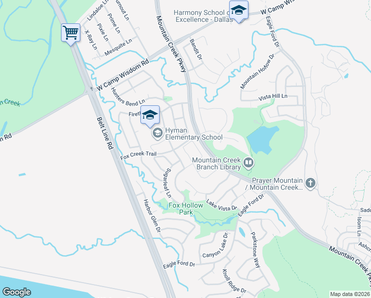 map of restaurants, bars, coffee shops, grocery stores, and more near 5915 Fox Point Trail in Dallas