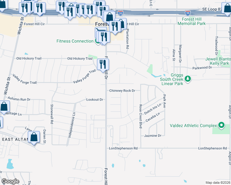 map of restaurants, bars, coffee shops, grocery stores, and more near 3408 Chimney Rock Drive in Forest Hill