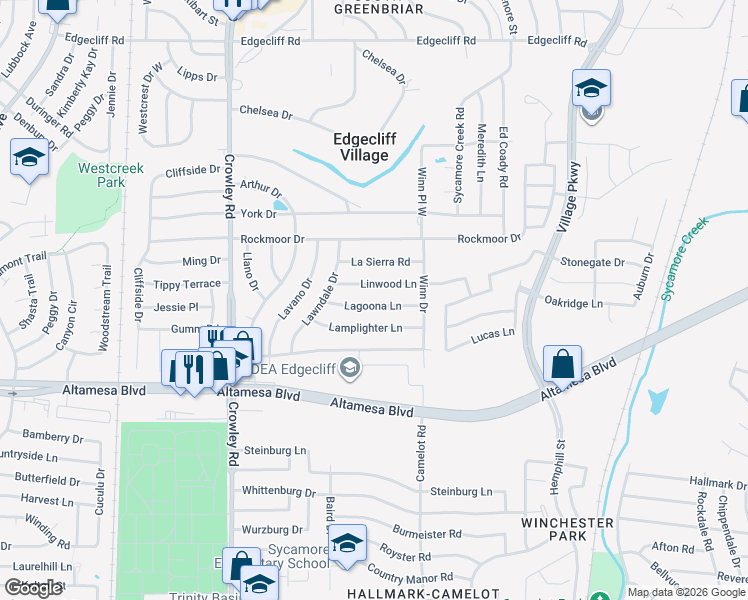 map of restaurants, bars, coffee shops, grocery stores, and more near 1508 Lagoona Lane in Fort Worth