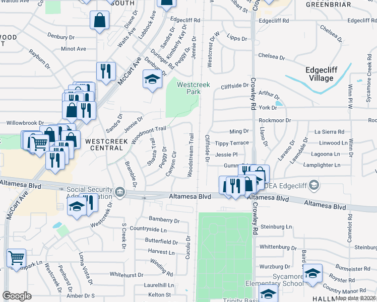map of restaurants, bars, coffee shops, grocery stores, and more near 2308 Dawn Court in Fort Worth