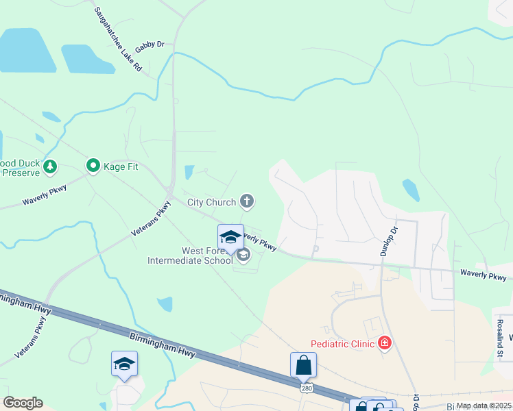 map of restaurants, bars, coffee shops, grocery stores, and more near 2906 Waverly Parkway in Opelika