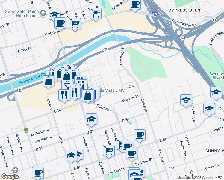 map of restaurants, bars, coffee shops, grocery stores, and more near 295 C Street in Chula Vista