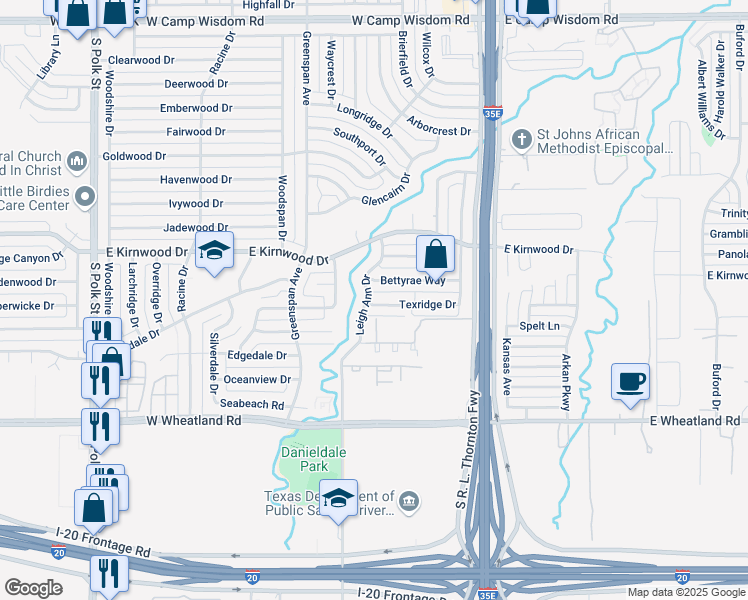 map of restaurants, bars, coffee shops, grocery stores, and more near 8051 Texridge Drive in Dallas