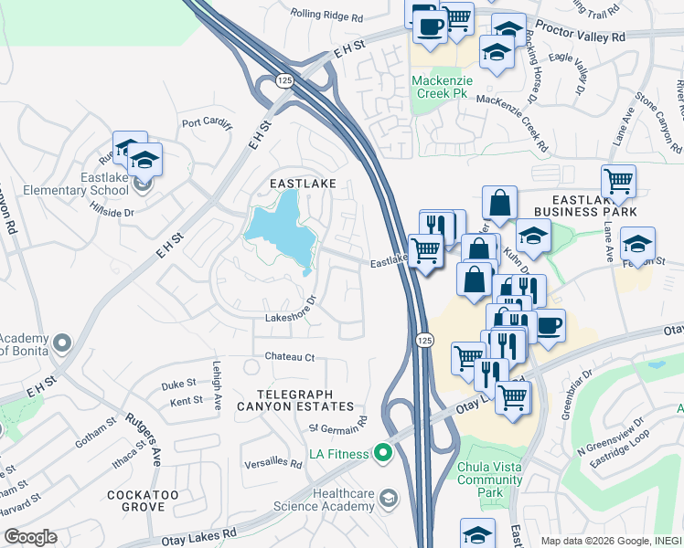 map of restaurants, bars, coffee shops, grocery stores, and more near 2140 Waterside Drive in Chula Vista