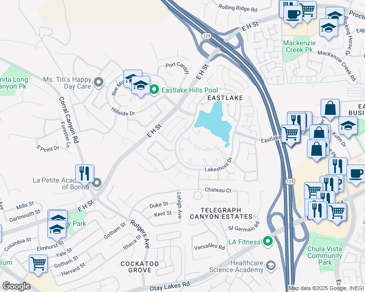 map of restaurants, bars, coffee shops, grocery stores, and more near 2001 Lakeridge Circle in Chula Vista