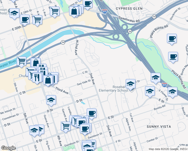 map of restaurants, bars, coffee shops, grocery stores, and more near 25 2nd Avenue in Chula Vista