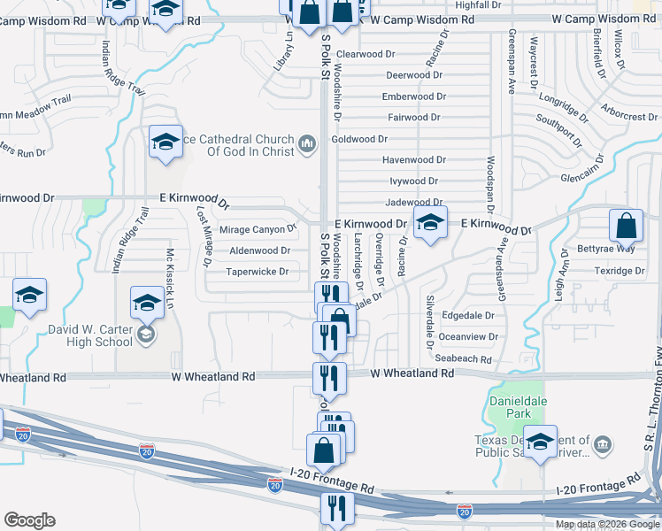 map of restaurants, bars, coffee shops, grocery stores, and more near 7855 Woodshire Drive in Dallas