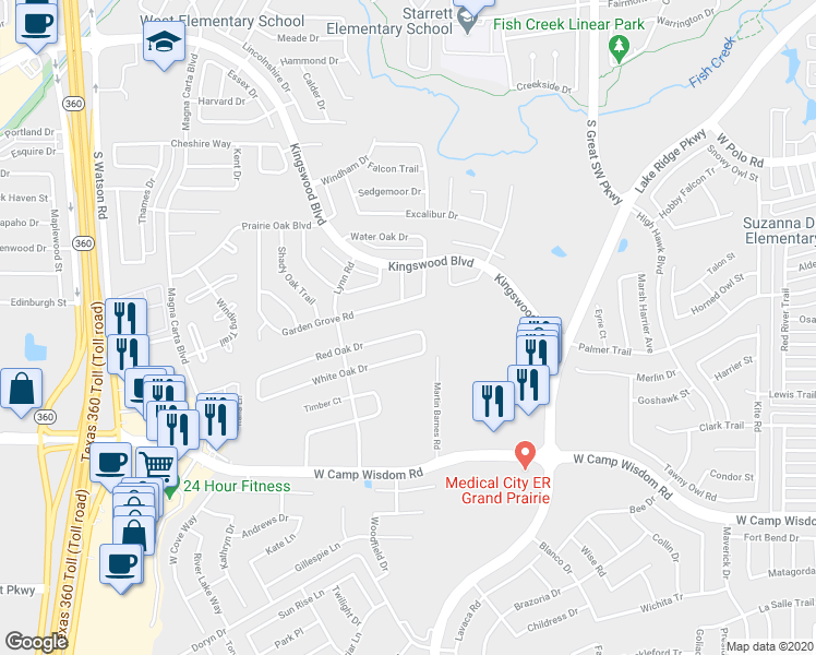 map of restaurants, bars, coffee shops, grocery stores, and more near 2710 Red Oak Drive in Grand Prairie