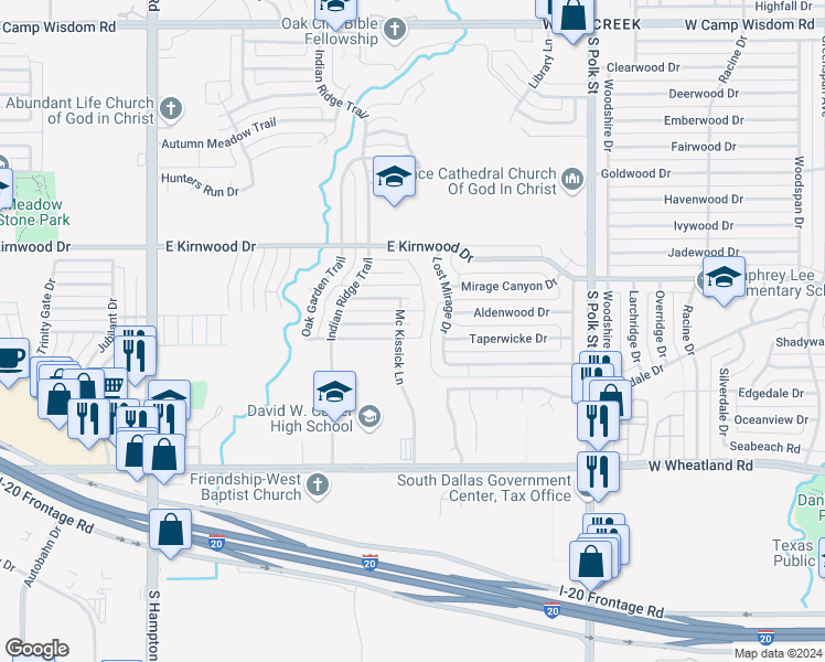 map of restaurants, bars, coffee shops, grocery stores, and more near 1710 Dolores Way in Dallas