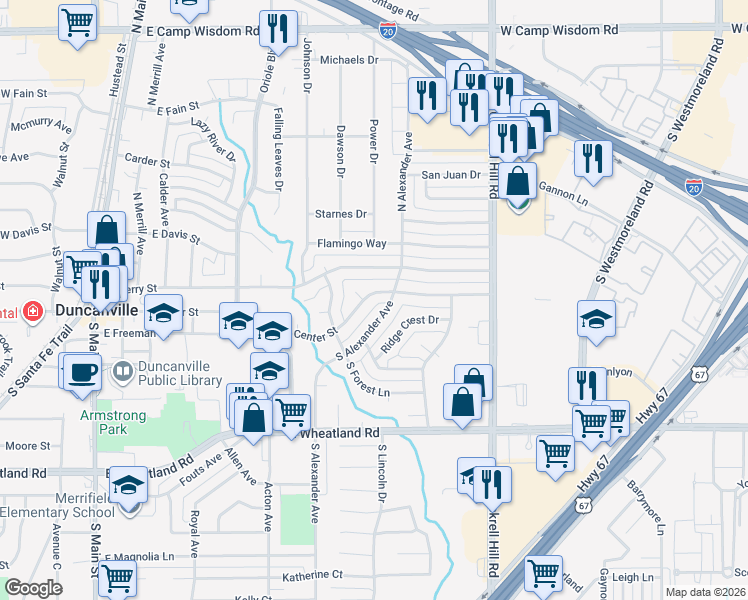 map of restaurants, bars, coffee shops, grocery stores, and more near 638 East Center Street in Duncanville