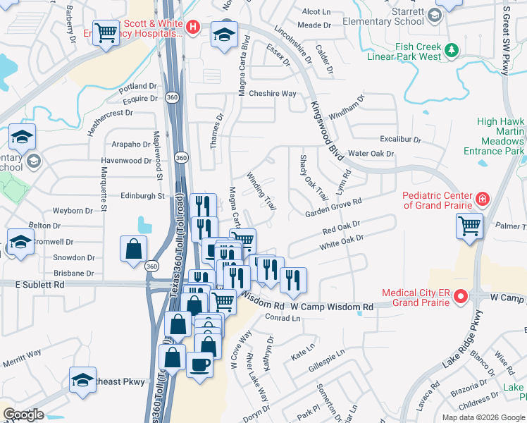 map of restaurants, bars, coffee shops, grocery stores, and more near 4932 Steeple Chase Court in Grand Prairie