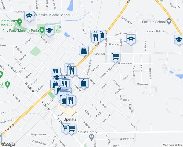 map of restaurants, bars, coffee shops, grocery stores, and more near 305 Byrd Avenue in Opelika