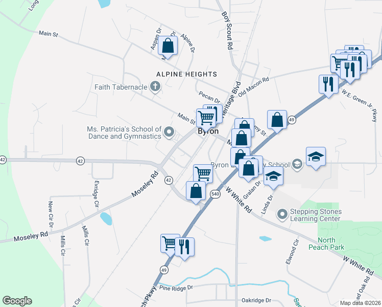 map of restaurants, bars, coffee shops, grocery stores, and more near 104 Jackson Street in Byron