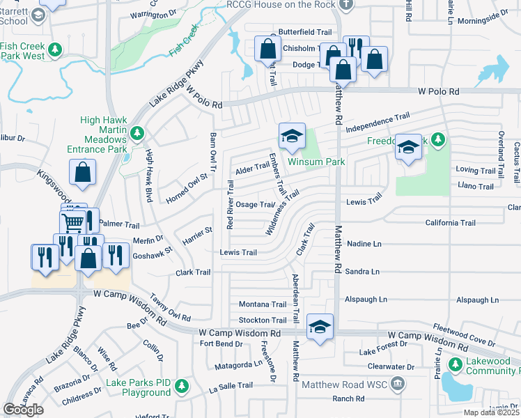 map of restaurants, bars, coffee shops, grocery stores, and more near 2005 Osage Trail in Grand Prairie
