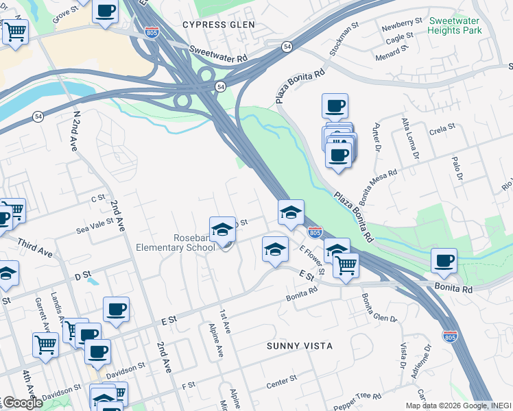 map of restaurants, bars, coffee shops, grocery stores, and more near 90 Hilltop Drive in Chula Vista
