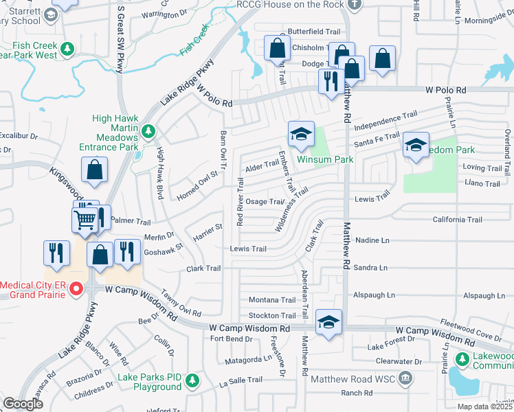 map of restaurants, bars, coffee shops, grocery stores, and more near 2109 Osage Trail in Grand Prairie