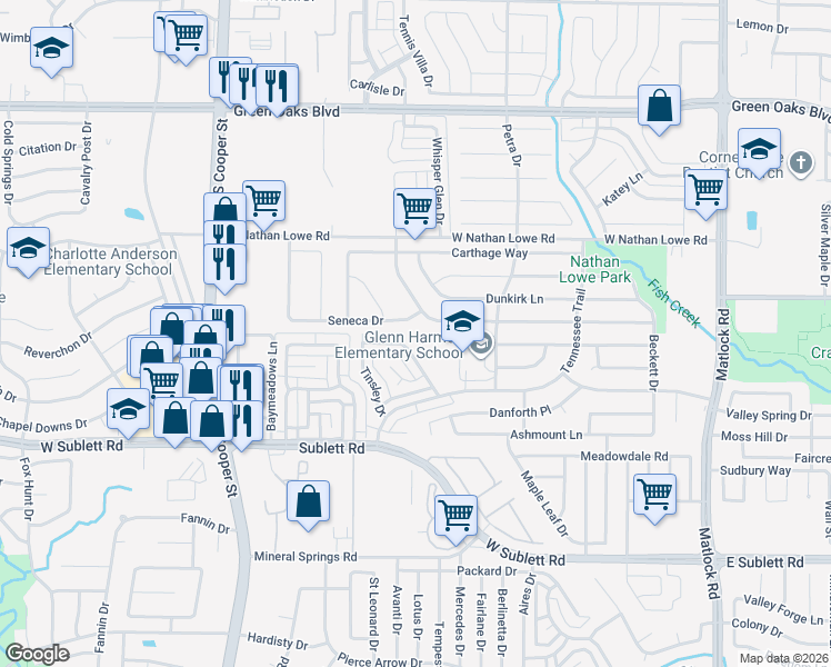 map of restaurants, bars, coffee shops, grocery stores, and more near 5720 Petra Dr in Arlington