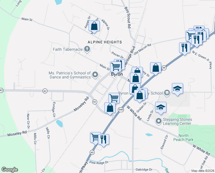 map of restaurants, bars, coffee shops, grocery stores, and more near 104 Jackson Street in Byron