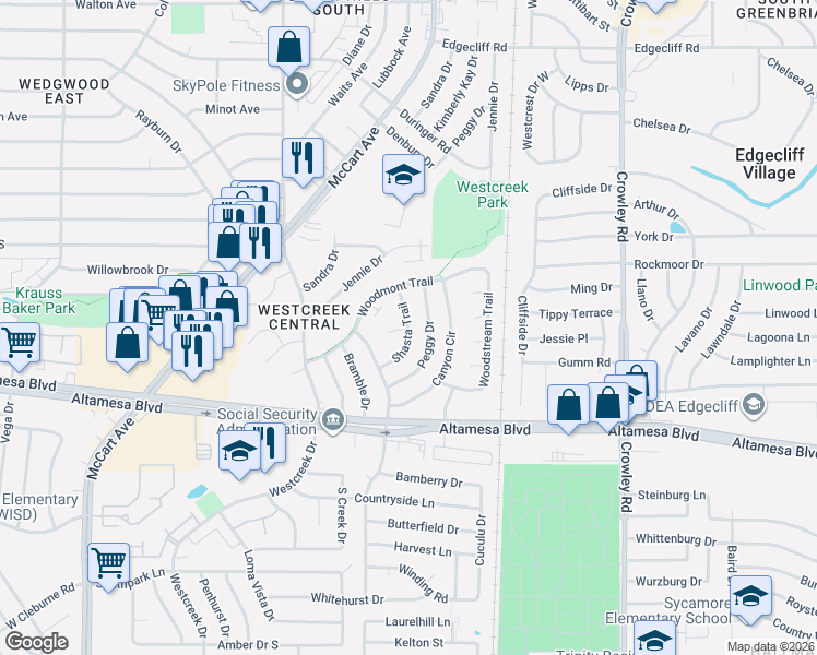 map of restaurants, bars, coffee shops, grocery stores, and more near 2605 Shasta Court in Fort Worth