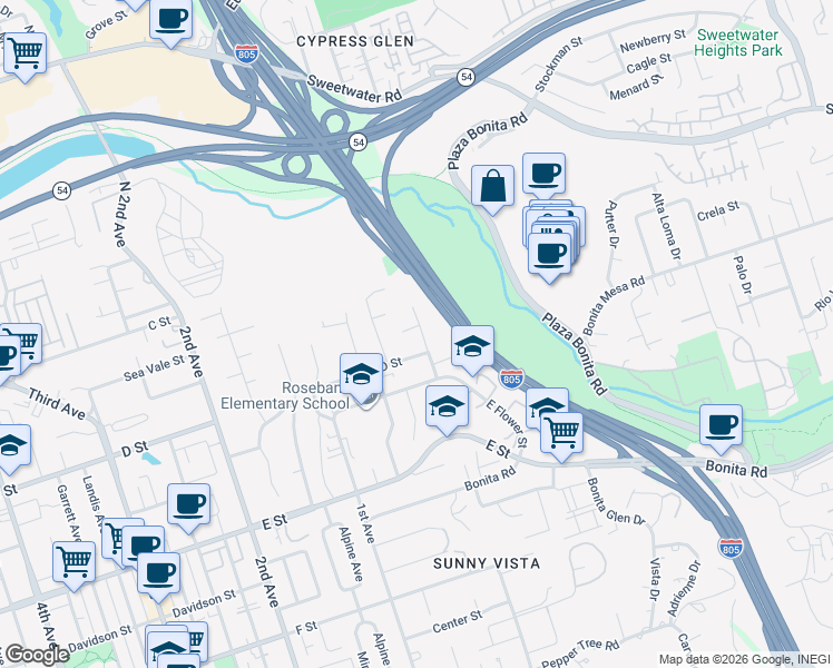 map of restaurants, bars, coffee shops, grocery stores, and more near 90 Hilltop Drive in Chula Vista