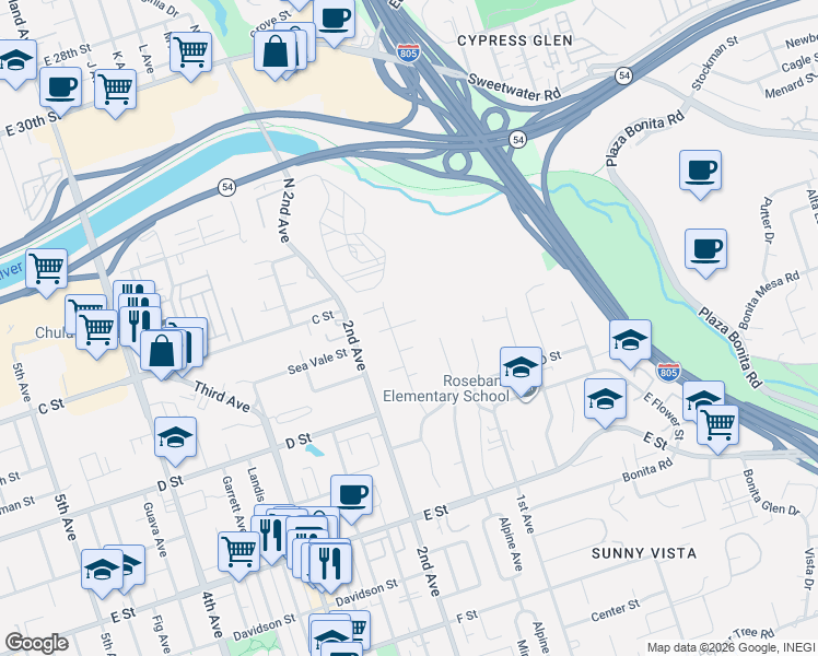 map of restaurants, bars, coffee shops, grocery stores, and more near 30 Las Flores Drive in Chula Vista