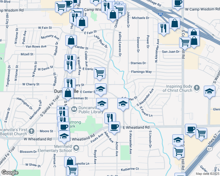 map of restaurants, bars, coffee shops, grocery stores, and more near 410 East Cherry Street in Duncanville