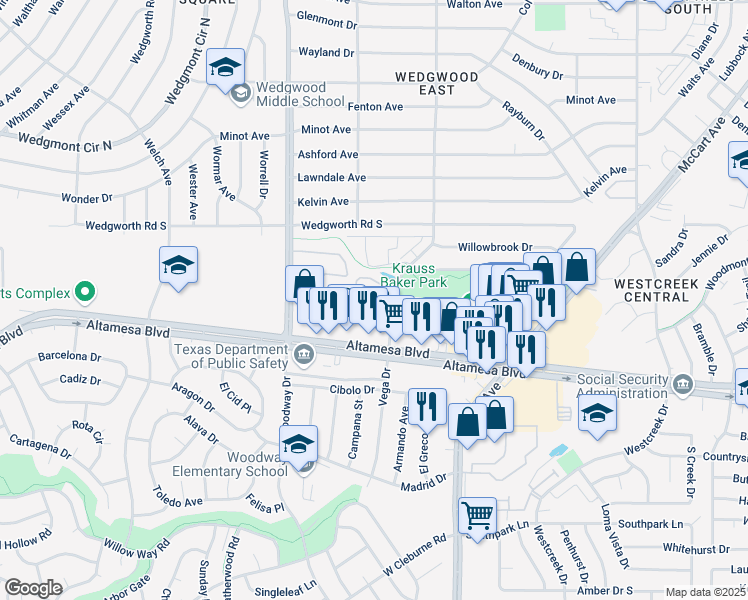 map of restaurants, bars, coffee shops, grocery stores, and more near 3701 Century Place in Fort Worth