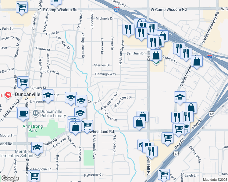 map of restaurants, bars, coffee shops, grocery stores, and more near 106 South Alexander Avenue in Duncanville