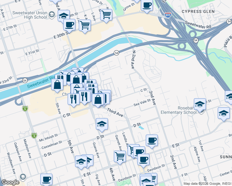 map of restaurants, bars, coffee shops, grocery stores, and more near 86 Corso Di Italia in Chula Vista