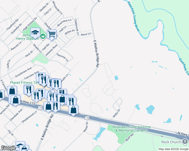 map of restaurants, bars, coffee shops, grocery stores, and more near 1200 E Malloy Bridge Rd in Seagoville