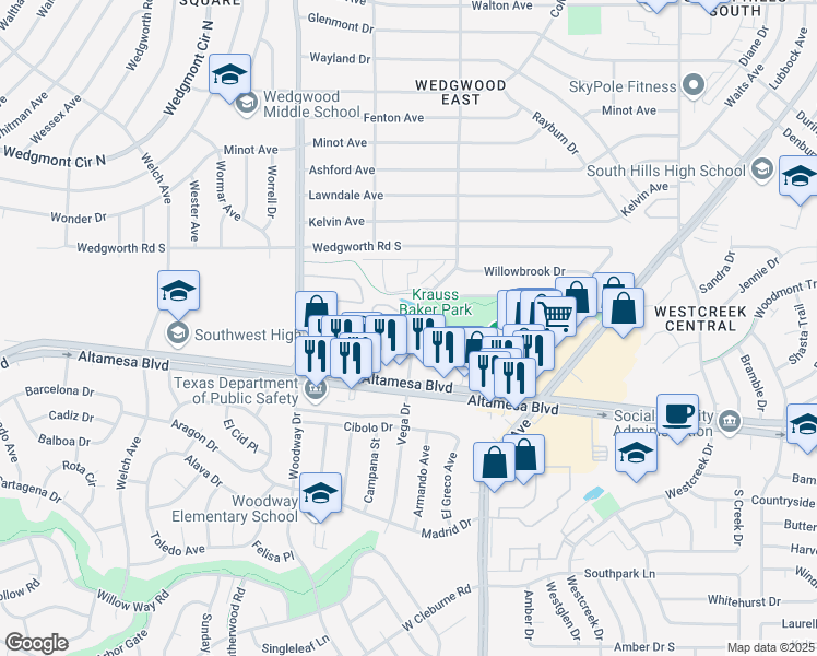 map of restaurants, bars, coffee shops, grocery stores, and more near 3701 Century Place in Fort Worth