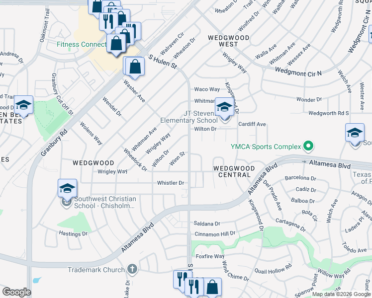map of restaurants, bars, coffee shops, grocery stores, and more near 6404 Winn Street in Fort Worth