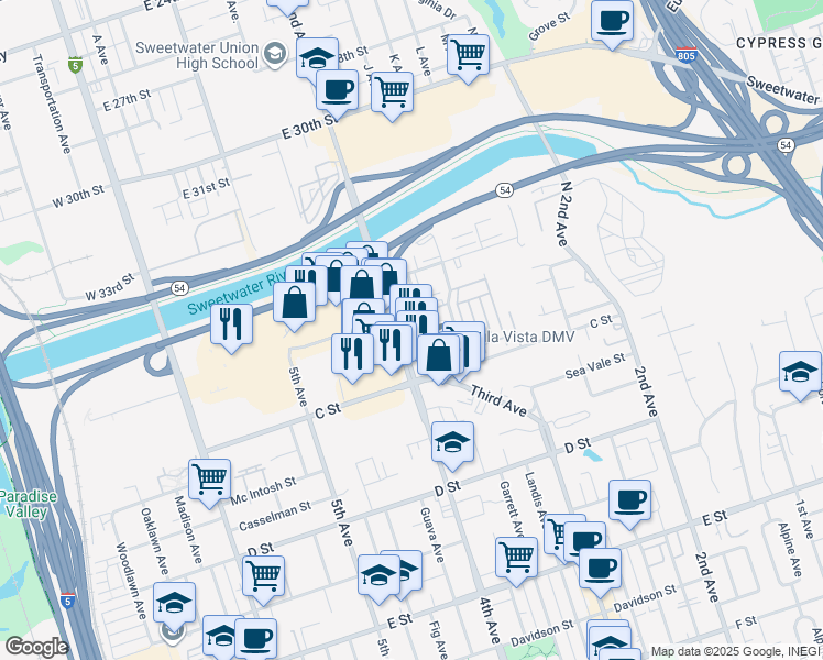 map of restaurants, bars, coffee shops, grocery stores, and more near 45 North 4th Avenue in Chula Vista