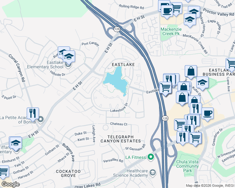 map of restaurants, bars, coffee shops, grocery stores, and more near 761 Brookstone Road in Chula Vista