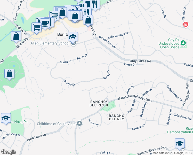 map of restaurants, bars, coffee shops, grocery stores, and more near 388 Surrey Drive in Bonita