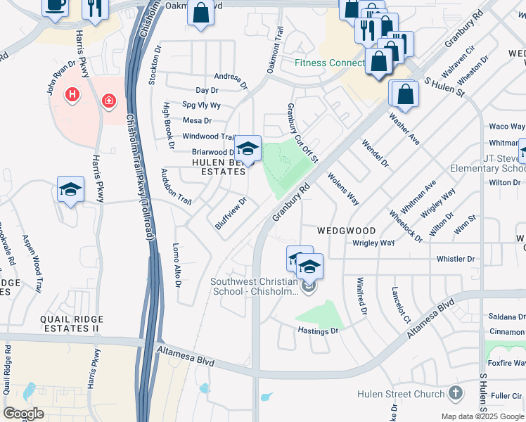 map of restaurants, bars, coffee shops, grocery stores, and more near 6711 Canyon Crest Drive in Fort Worth