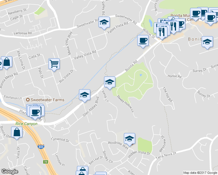 map of restaurants, bars, coffee shops, grocery stores, and more near 3602 Bonita Road in Chula Vista