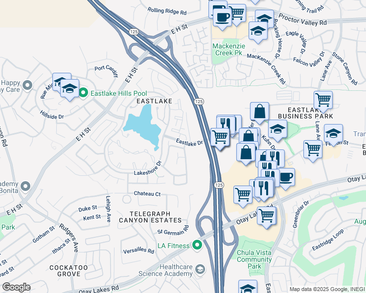 map of restaurants, bars, coffee shops, grocery stores, and more near 2140 Waterside Drive in Chula Vista