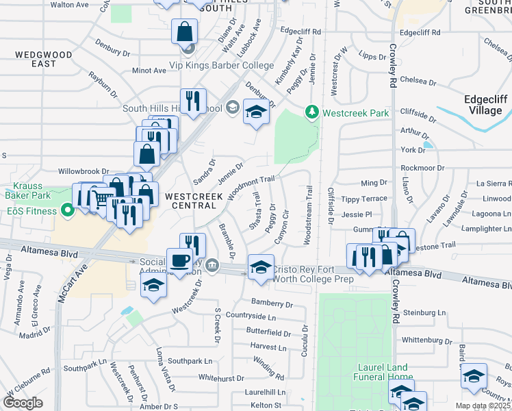 map of restaurants, bars, coffee shops, grocery stores, and more near 2605 Shasta Court in Fort Worth