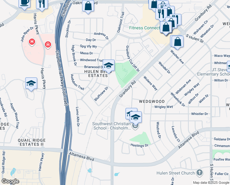 map of restaurants, bars, coffee shops, grocery stores, and more near 6711 Canyon Crest Drive in Fort Worth