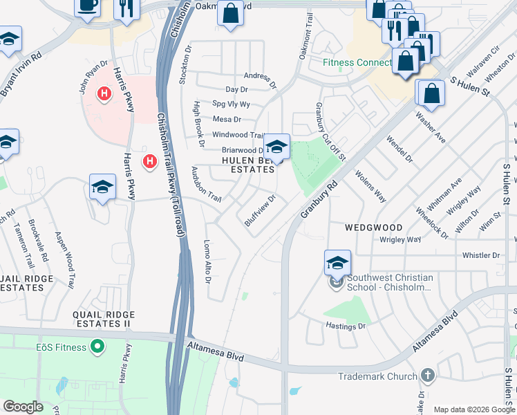 map of restaurants, bars, coffee shops, grocery stores, and more near 6724 Bluffview Drive in Fort Worth