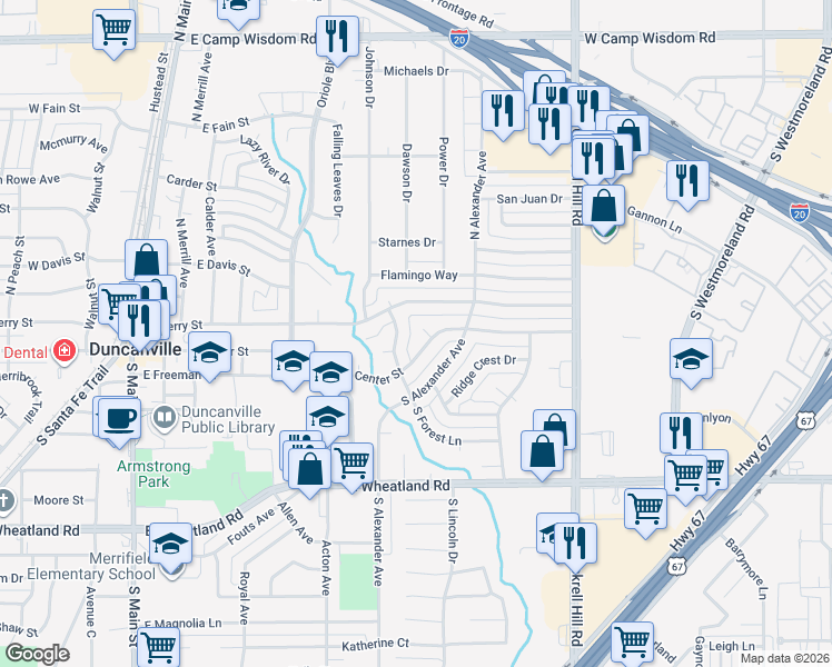 map of restaurants, bars, coffee shops, grocery stores, and more near 623 East Center Circle in Duncanville