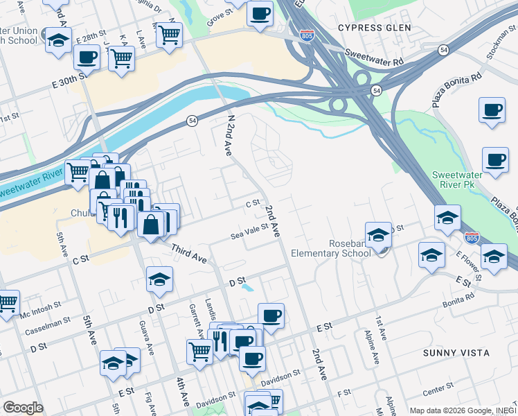 map of restaurants, bars, coffee shops, grocery stores, and more near 24 2nd Avenue in Chula Vista