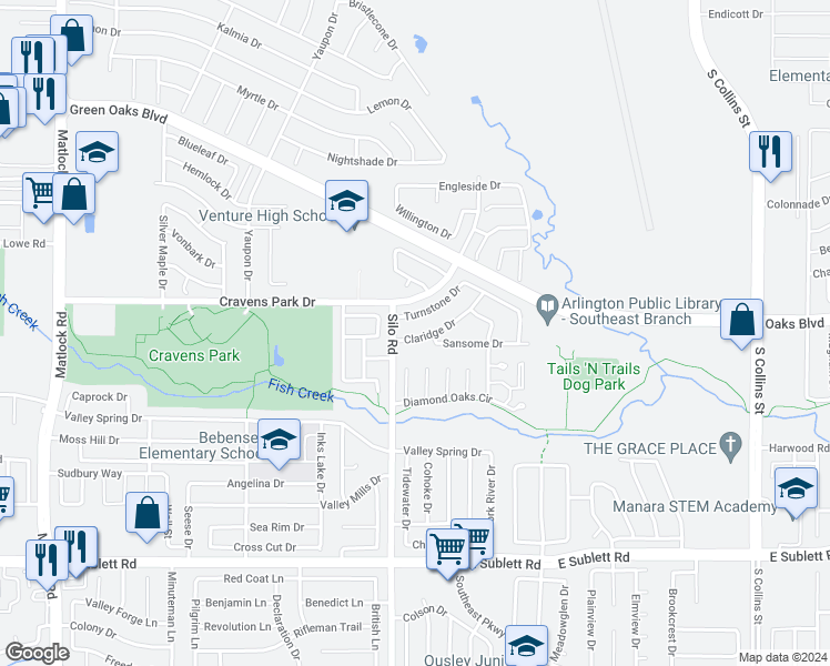 map of restaurants, bars, coffee shops, grocery stores, and more near 707 Claridge Drive in Arlington