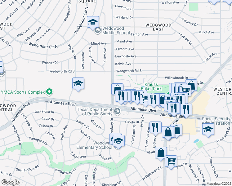 map of restaurants, bars, coffee shops, grocery stores, and more near 6303 Woodway Drive in Fort Worth