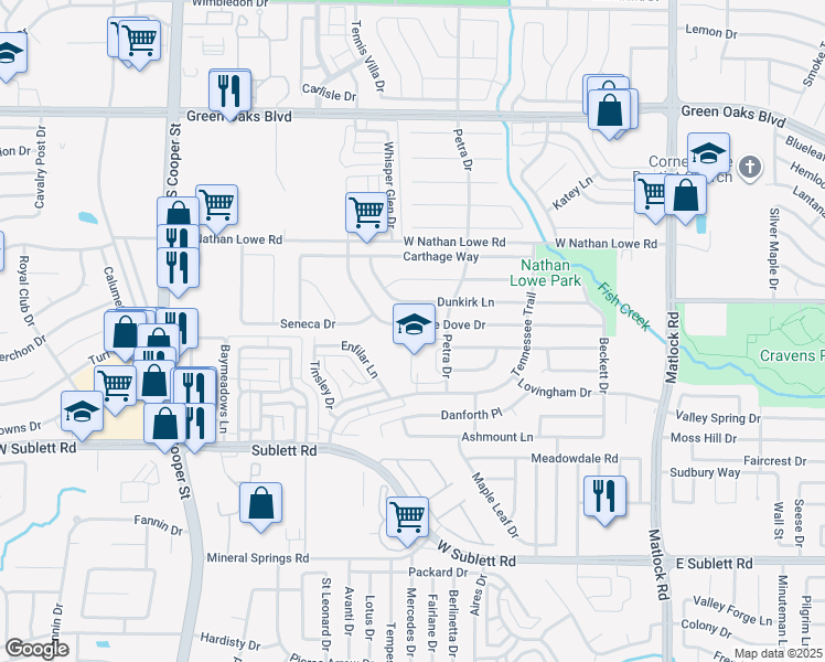 map of restaurants, bars, coffee shops, grocery stores, and more near 5700 Petra Drive in Arlington