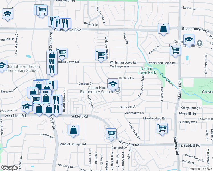 map of restaurants, bars, coffee shops, grocery stores, and more near 5720 Petra Drive in Arlington