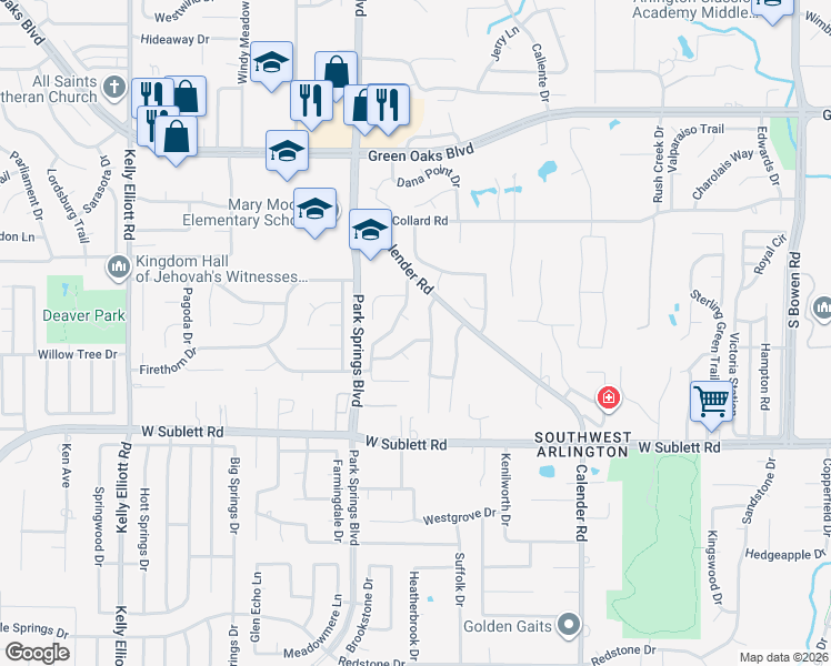 map of restaurants, bars, coffee shops, grocery stores, and more near 5800 Teal Ridge Drive in Arlington